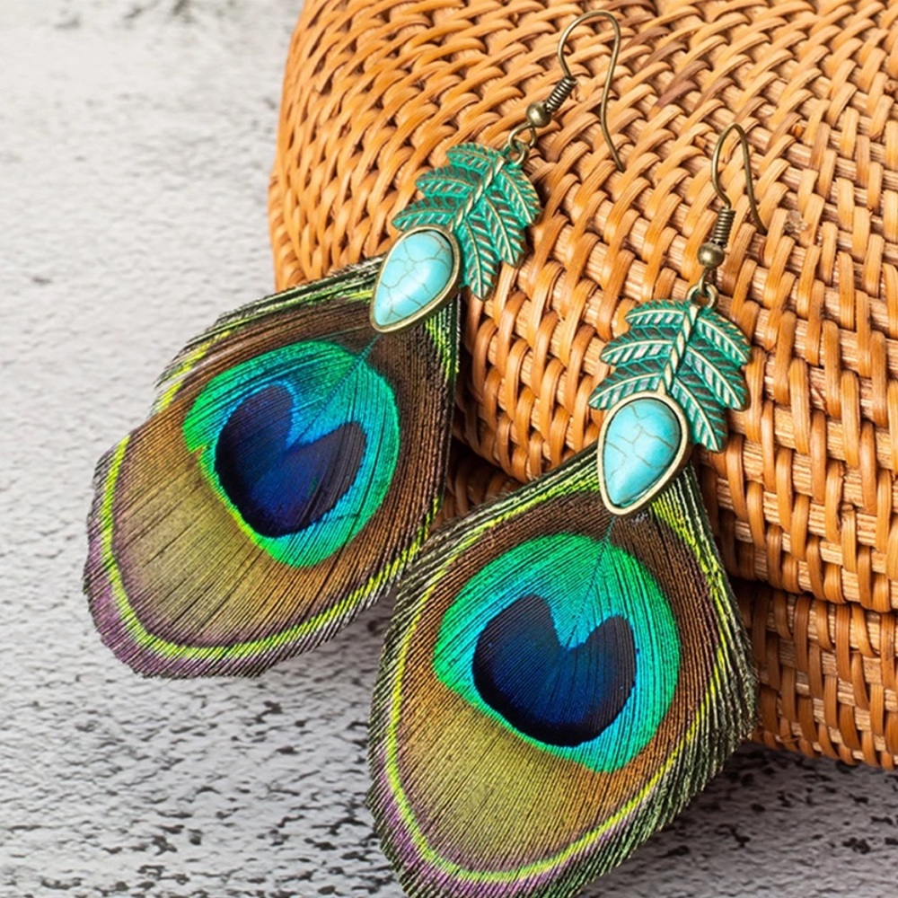 Women’s Boutique Boho Peacock Feather Turquoise Boho Jewelry Earrings